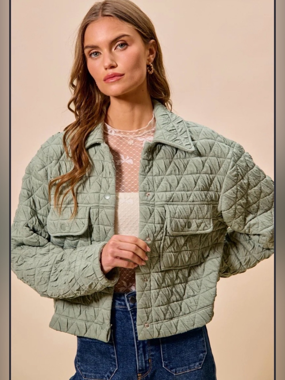 So Me Quilted Sage Green Cropped Puffer Jacket